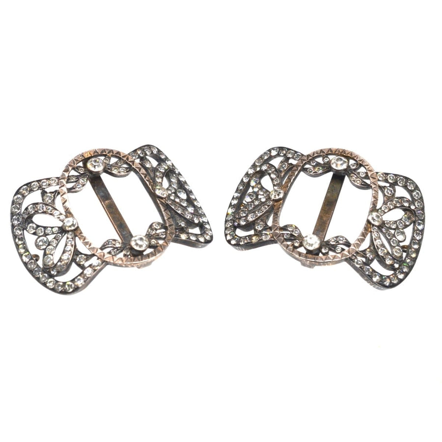 Mid 19th century French silver paste shoe buckles with intricate design and simulated diamonds.