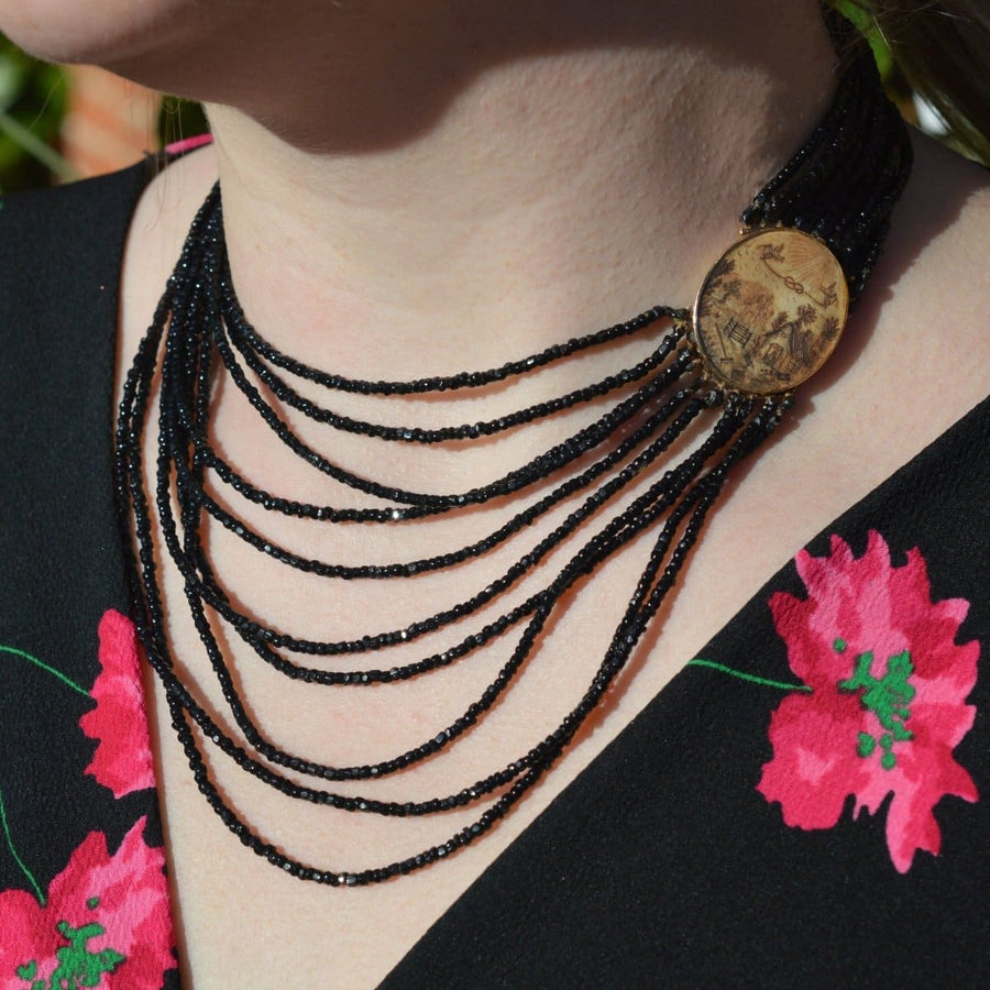 Rare Georgian 9ct Gold Clasp with Farm Agricultural Scene and Vauxhall Glass Multi-Strand Necklace. | Parkin and Gerrish | Antique & Vintage Jewellery