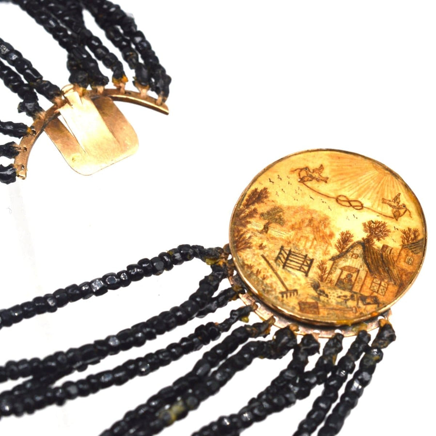Rare Georgian 9ct Gold Clasp with Farm Agricultural Scene and Vauxhall Glass Multi-Strand Necklace. | Parkin and Gerrish | Antique & Vintage Jewellery