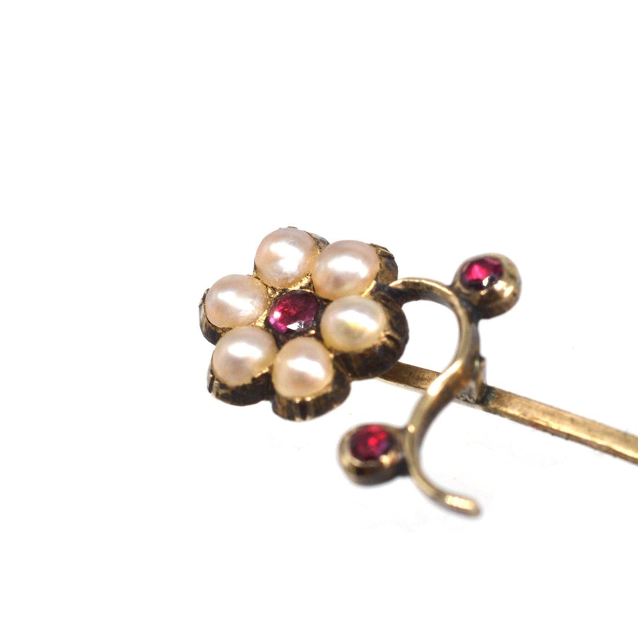 Regency 9ct gold flower tie pin with split pearls and garnets, perfect for silk ties.