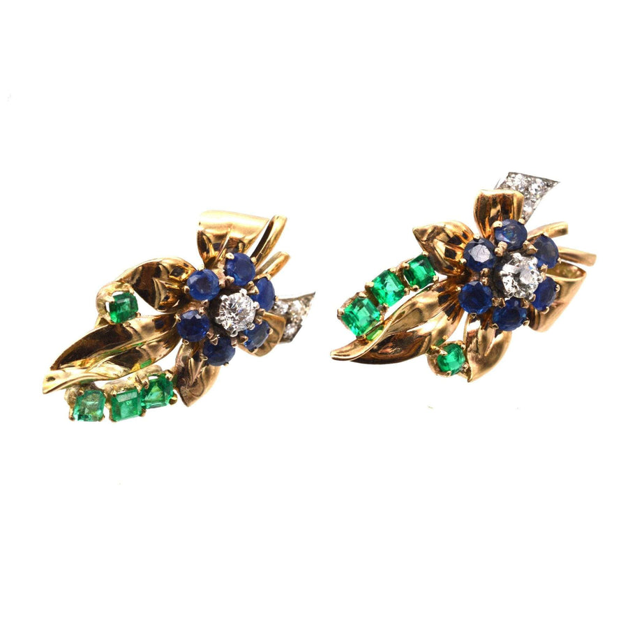Vintage 1940s 18ct gold Tutti Frutti earrings with emerald, diamond, and sapphire floral design.