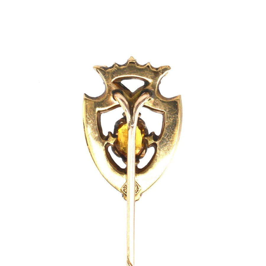 Scottish 9ct Gold Luckenbooth Shield Tie Pin with a Cairngorm Citrine | Parkin and Gerrish | Antique & Vintage Jewellery