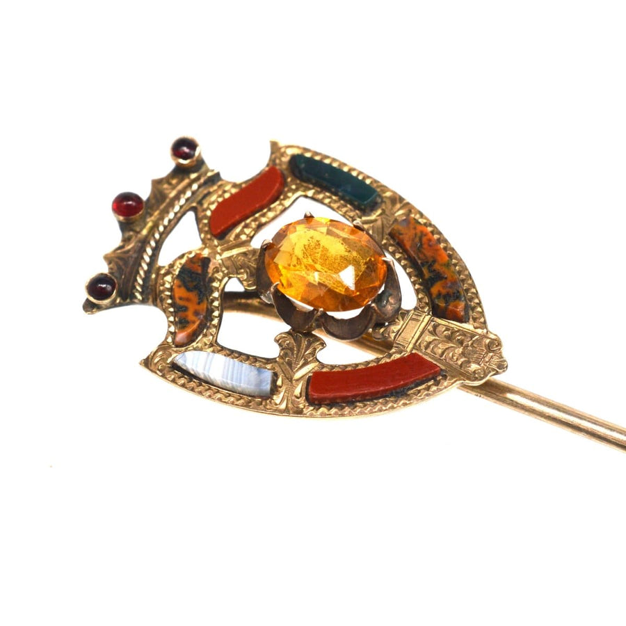 Scottish 9ct Gold Luckenbooth Shield Tie Pin with a Cairngorm Citrine | Parkin and Gerrish | Antique & Vintage Jewellery