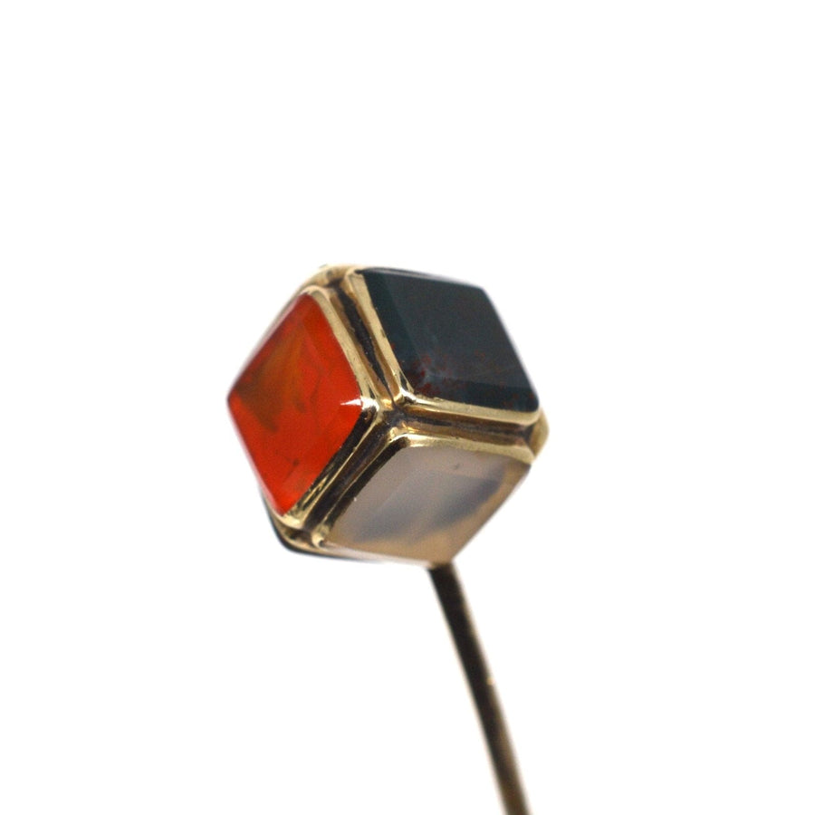 Scottish Victorian 9ct gold cube tie pin featuring bloodstone, chalcedony, and carnelian semi-precious stones.