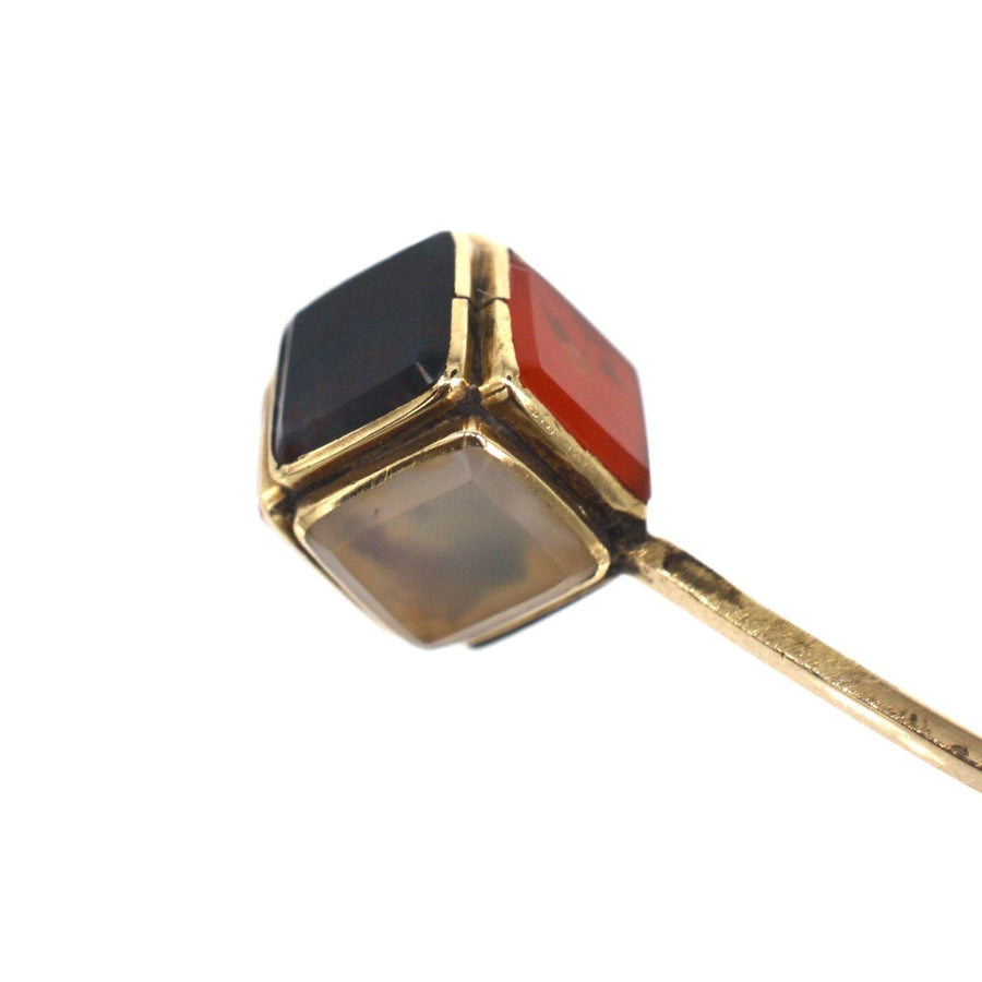 Scottish Victorian 9ct gold cube tie pin featuring bloodstone, chalcedony, and carnelian stones.