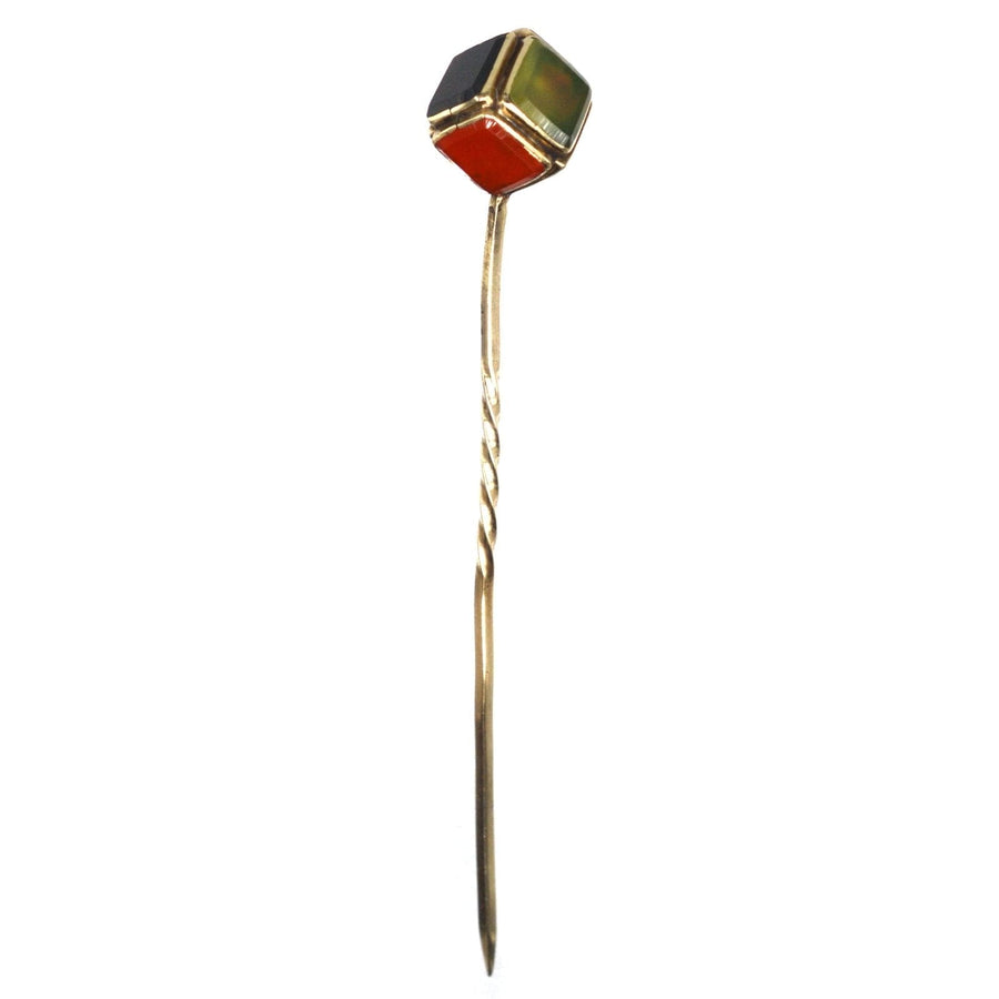 Scottish Victorian 9ct gold cube tie pin featuring bloodstone, chalcedony, and carnelian stones in a unique design.