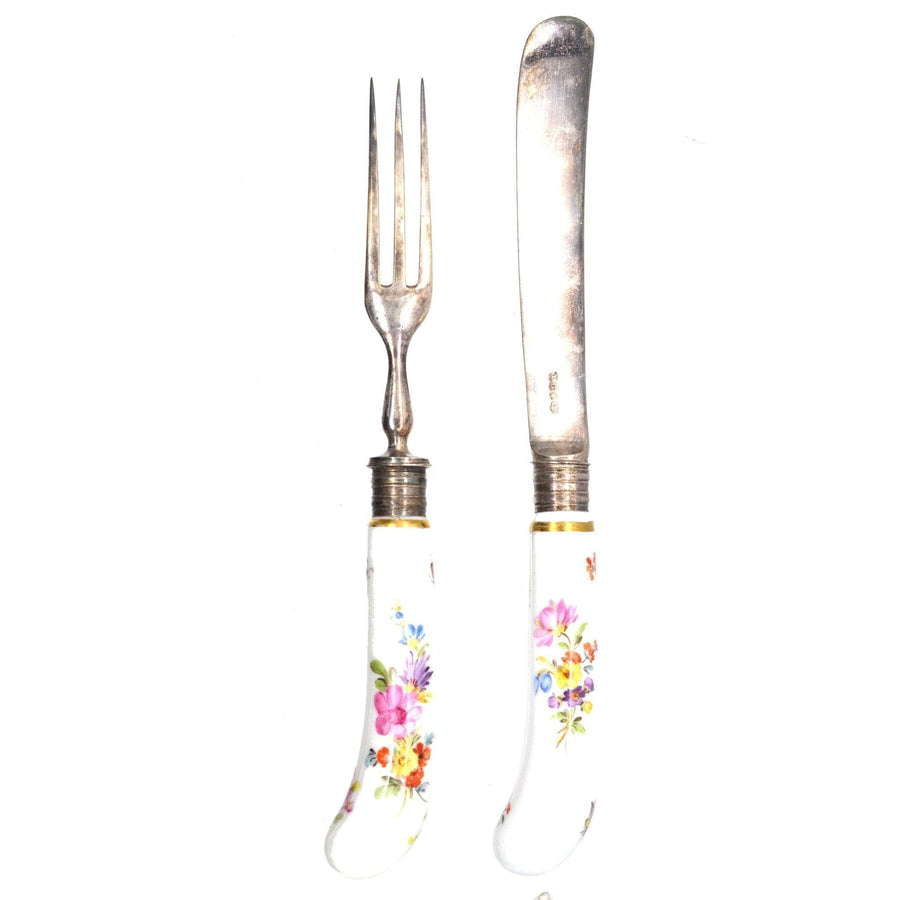 Late 19th century Thomas Goode silver fork and knife set with painted porcelain handles.