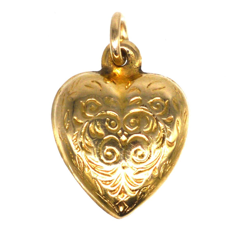 1960s 9ct gold puffy heart pendant charm with engraved scrolls, perfect as a child's charm or pendant.