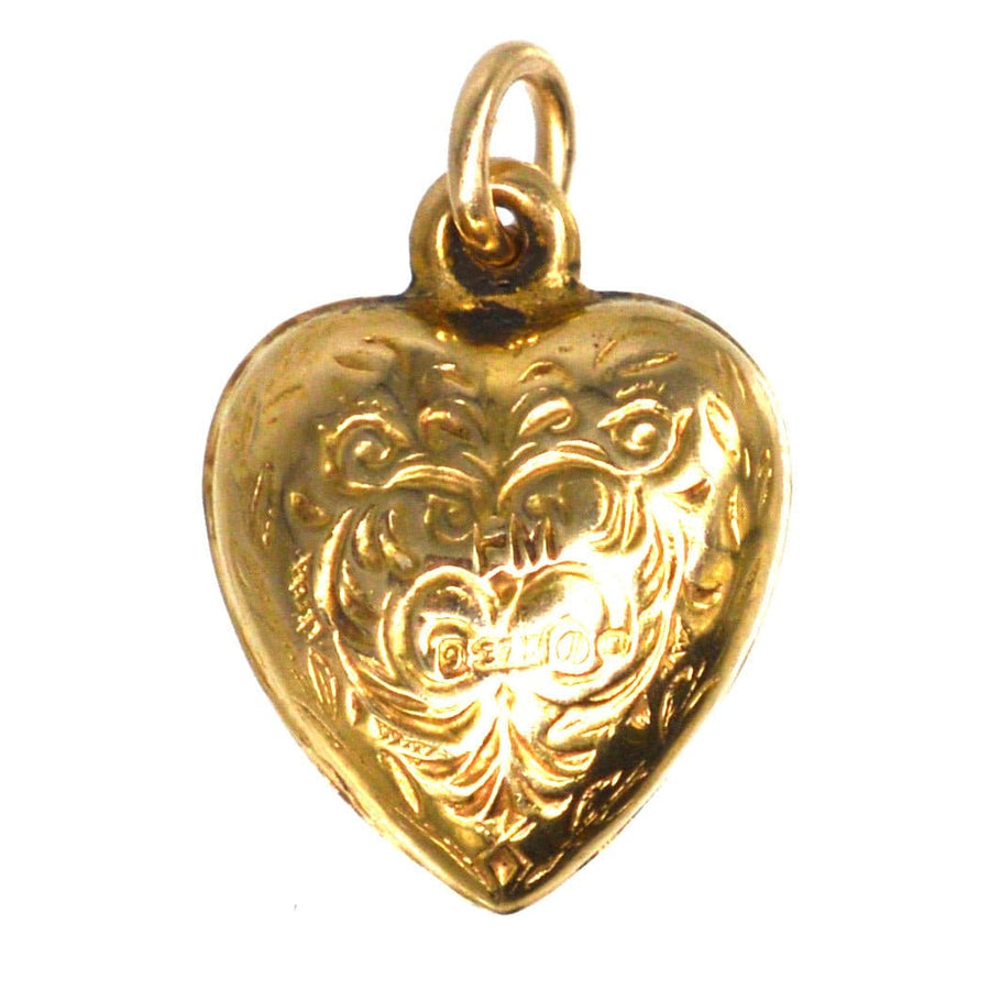 1960s 9ct gold puffy heart pendant charm with engraved scrolls, perfect for charm bracelets or necklaces.