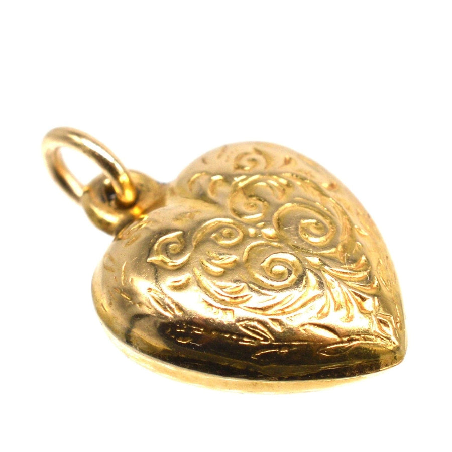 1960s 9ct gold puffy heart pendant charm with engraved scrolls, perfect for a necklace or bracelet.