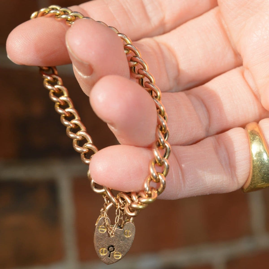 Small Edwardian 15ct Gold Child's Curb Bracelet with Heart Lock | Parkin and Gerrish | Antique & Vintage Jewellery