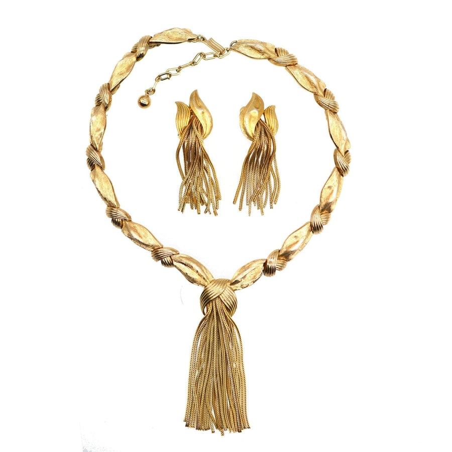 Trifari Demi - Parure Set of 1950s Gold - Tone Knot and Tassel Necklace and Earrings