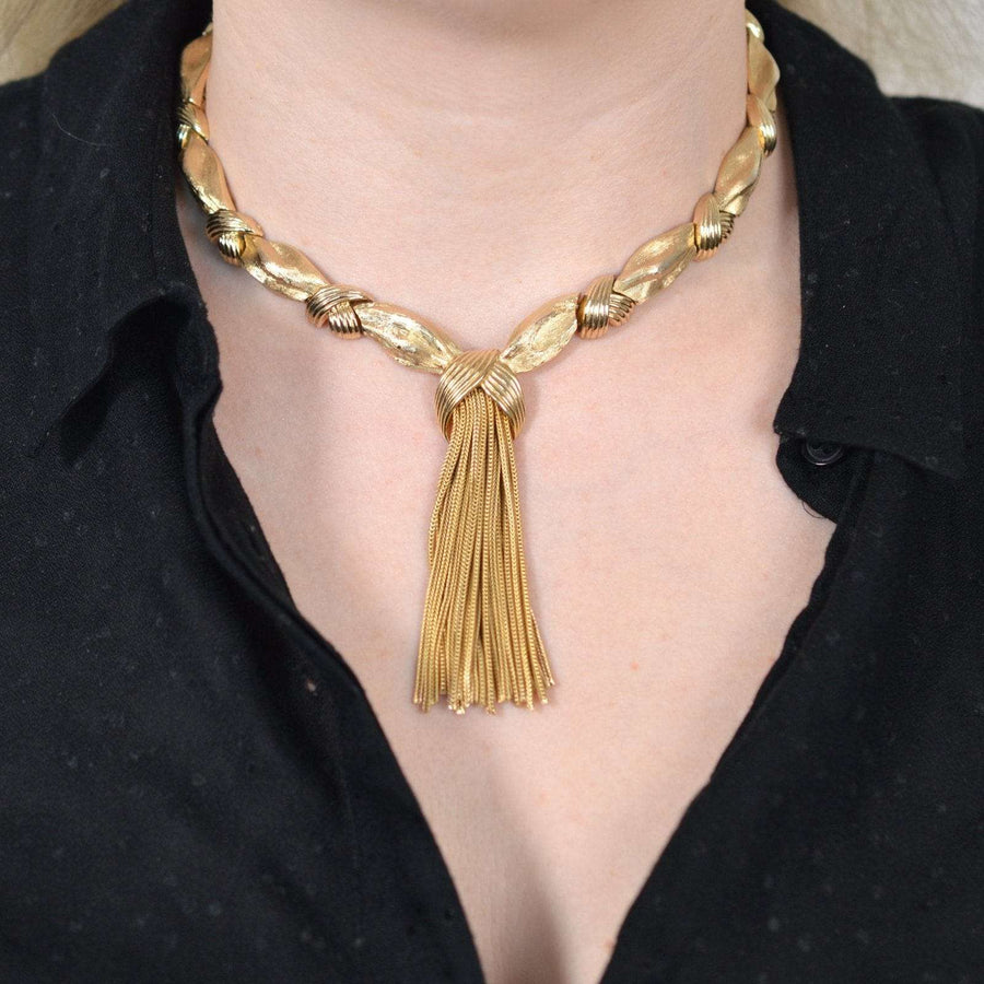Trifari Demi - Parure Set of 1950s Gold - Tone Knot and Tassel Necklace and Earrings