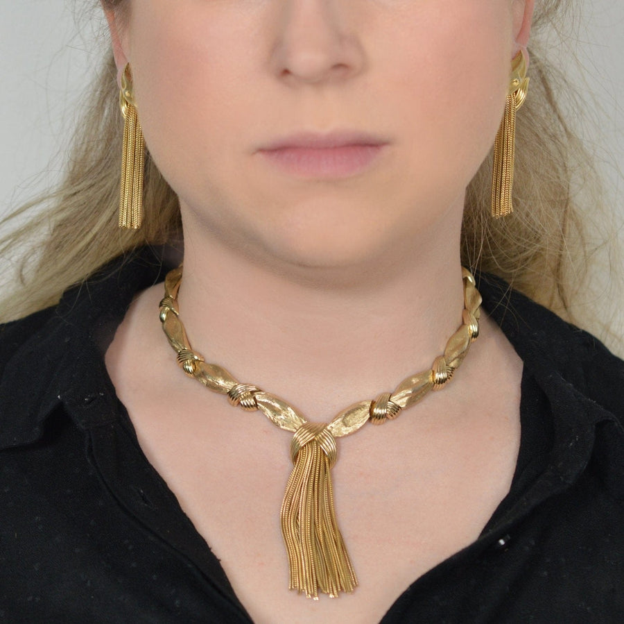 Trifari Demi - Parure Set of 1950s Gold - Tone Knot and Tassel Necklace and Earrings