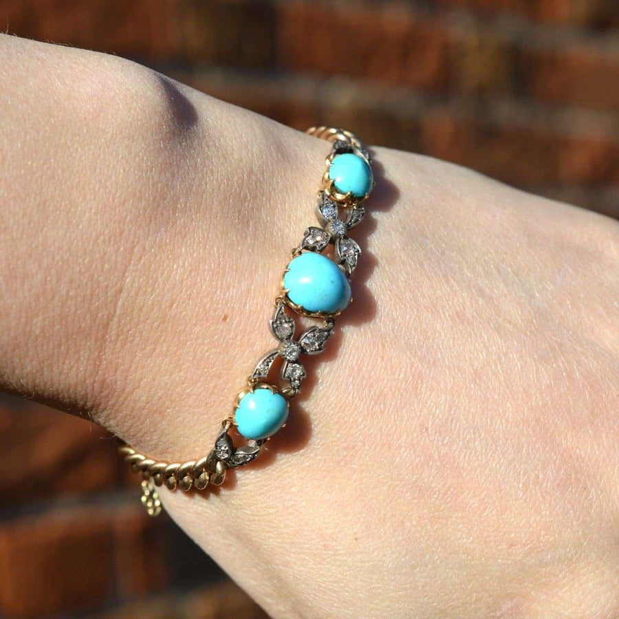Victorian 15ct Gold and Silver Turquoise and Diamond Curb Bracelet | Parkin and Gerrish (UK)
