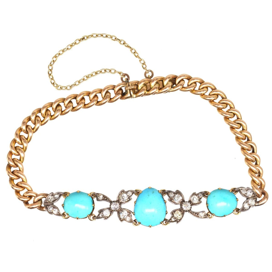 Victorian 15ct Gold and Silver Turquoise and Diamond Curb Bracelet | Parkin and Gerrish (UK)