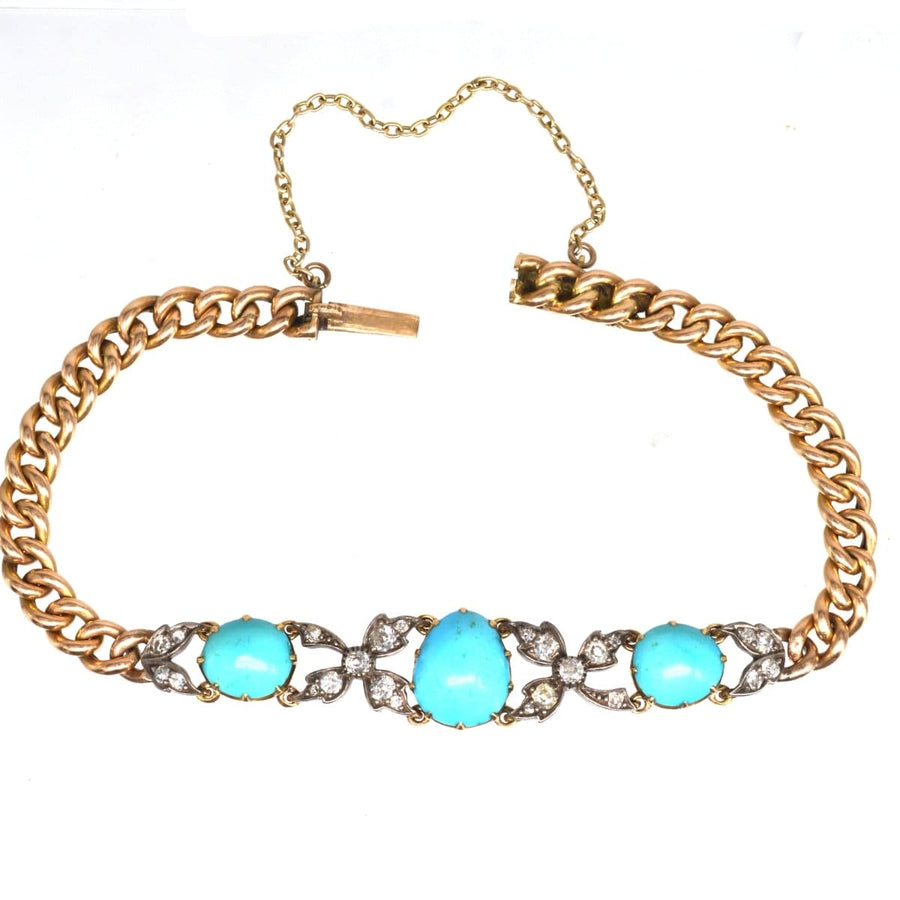 Victorian 15ct Gold and Silver Turquoise and Diamond Curb Bracelet | Parkin and Gerrish (UK)