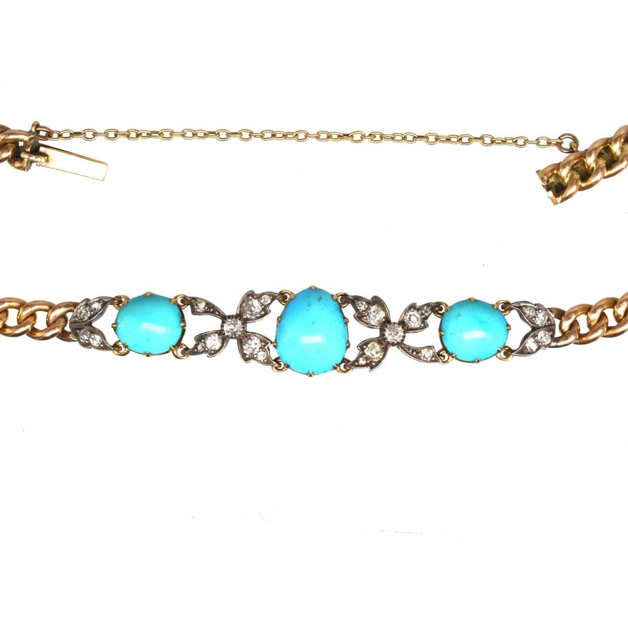 Victorian 15ct Gold and Silver Turquoise and Diamond Curb Bracelet | Parkin and Gerrish (UK)