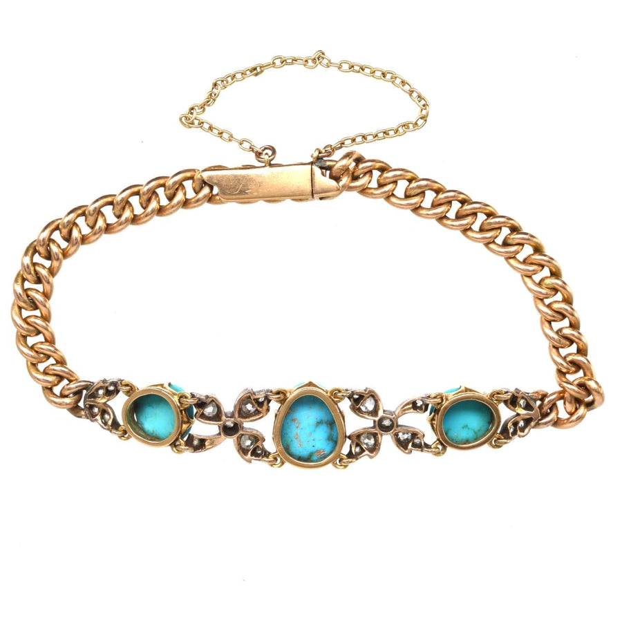 Victorian 15ct Gold and Silver Turquoise and Diamond Curb Bracelet | Parkin and Gerrish (UK)