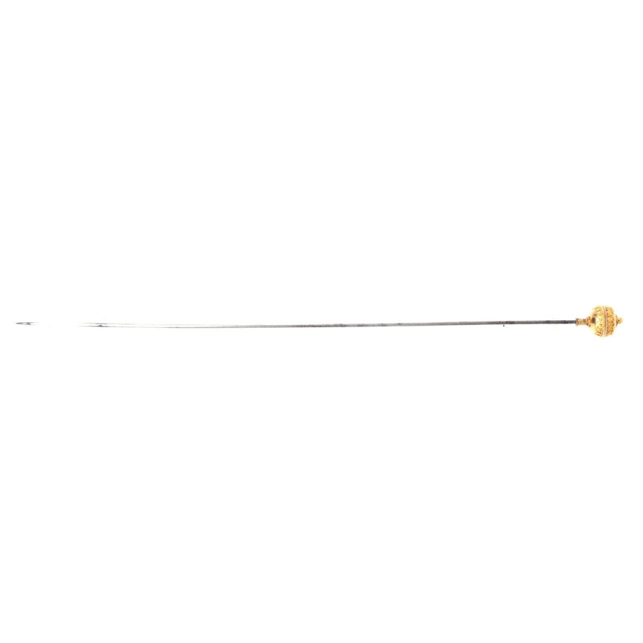 Victorian 15ct gold Etruscan ball hat pin with ornate details, crafted circa 1880s, elegant statement piece.