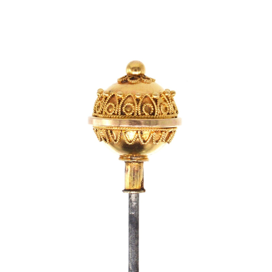 Victorian 15ct gold Etruscan ball hat pin with ornate scroll details, a unique jewelry masterpiece from the 1880s.