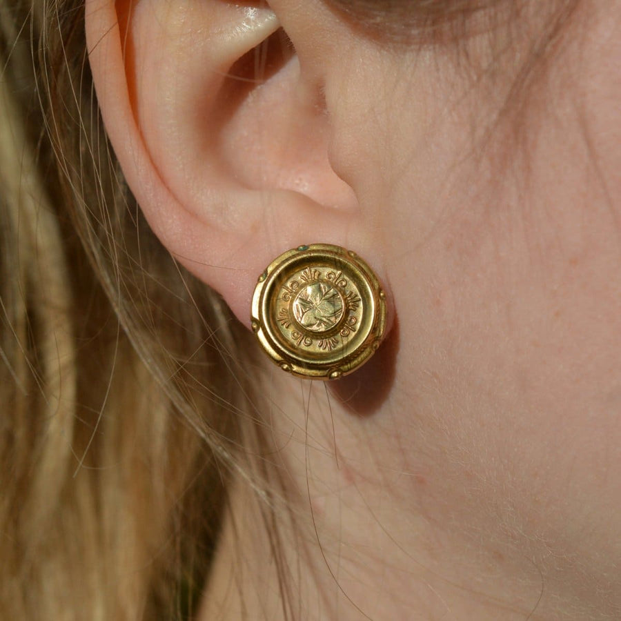 Victorian 15ct Gold Round Etruscan Style Earrings