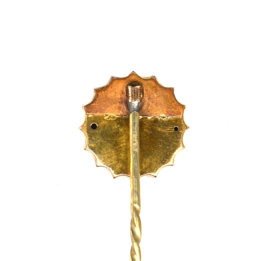 Back view of a Victorian 15ct gold tie pin featuring a starburst design and rose diamond center, perfect for formal wear.