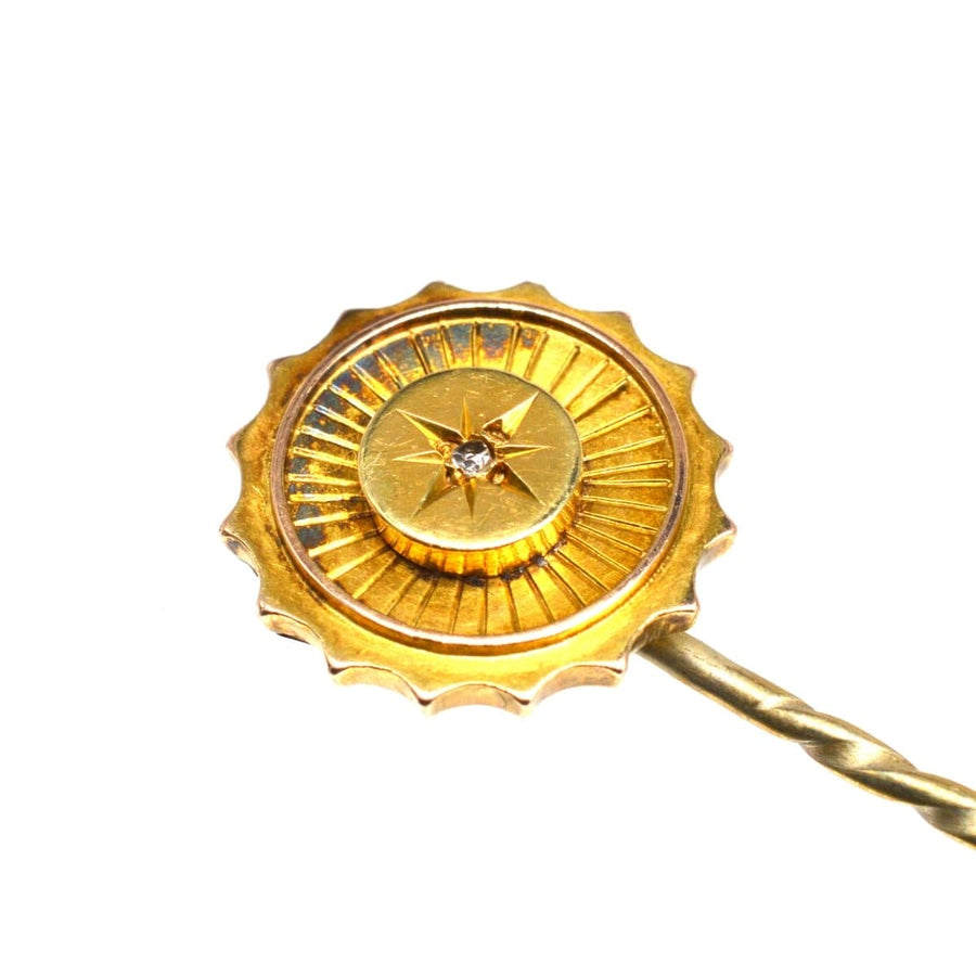 Victorian 15ct gold tie pin featuring a starburst design and rose diamond center, ideal gift for a special occasion.