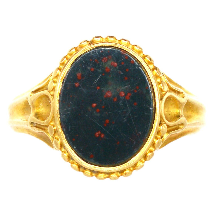 Victorian 18ct gold bloodstone signet ring with detailed shoulders, assayed in London 1858, excellent condition.