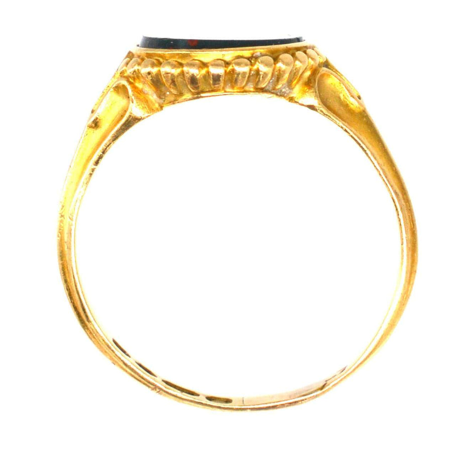 Victorian 18ct gold bloodstone signet ring with decorated shoulders, London assay 1858, excellent condition.