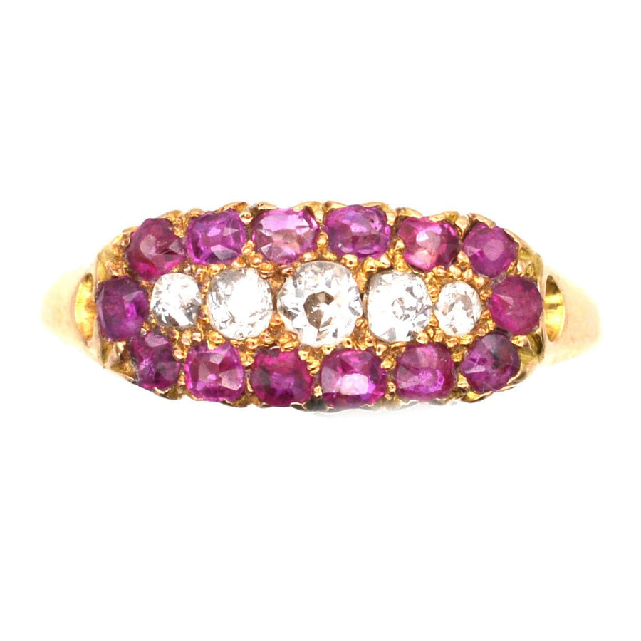 Victorian 18ct gold boat-shaped ring with five diamonds and ruby cluster, made in Birmingham 1889.
