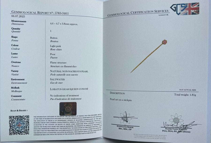 Victorian 18ct Gold Certificated Conch Pearl Tie Pin | Parkin and Gerrish (UK)