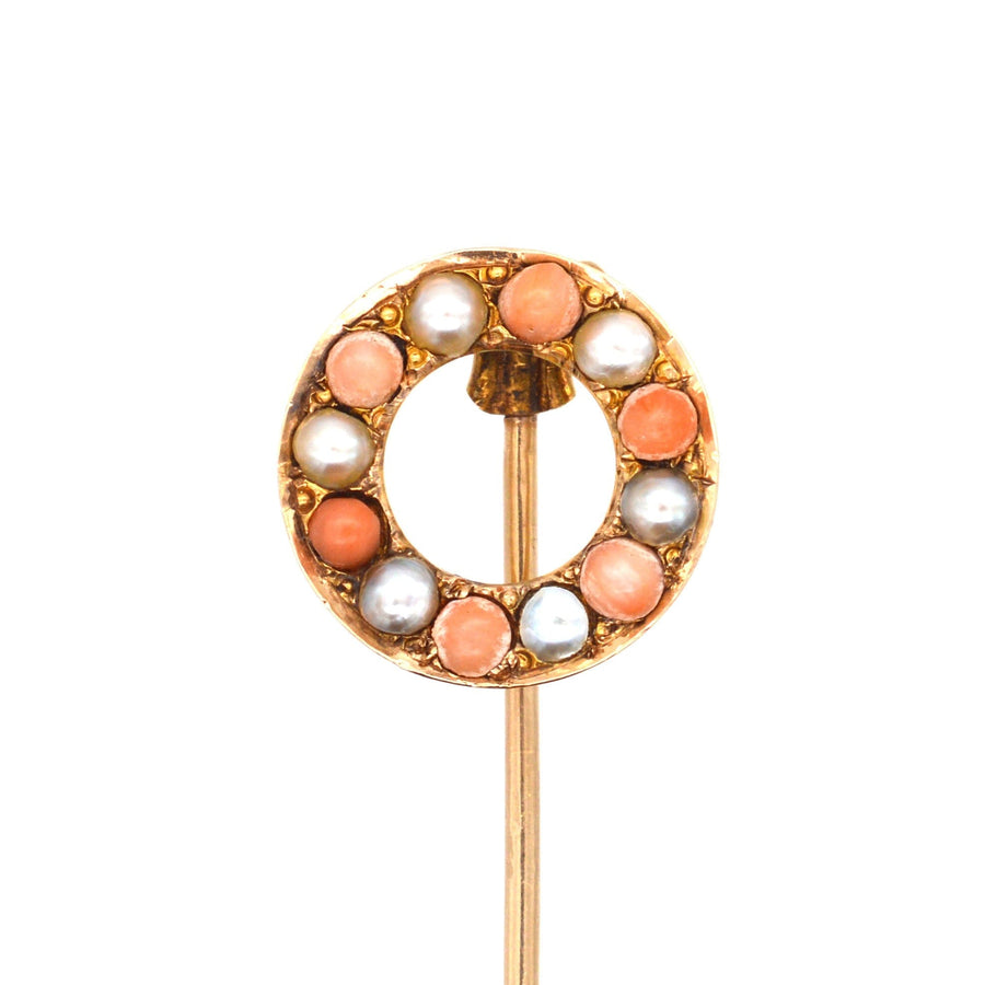 Victorian 18ct Gold, Coral & Natural Split Pearl Round Racing Finishing Post Tie Pin | Parkin and Gerrish (UK)
