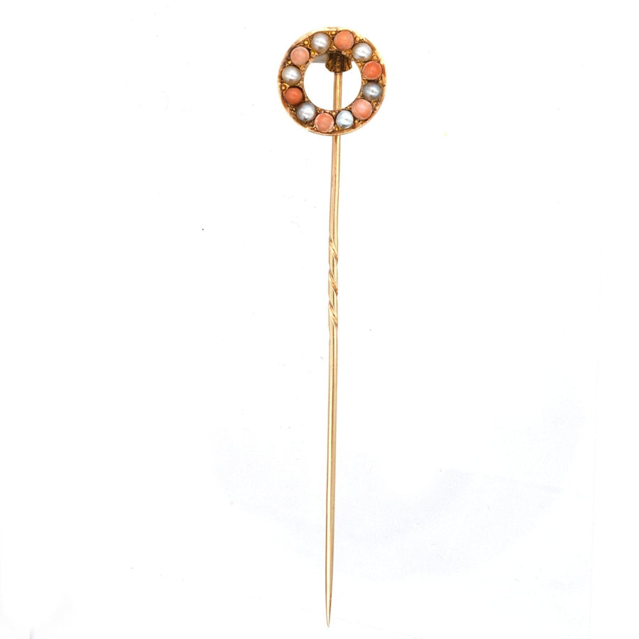 Victorian 18ct Gold, Coral & Natural Split Pearl Round Racing Finishing Post Tie Pin | Parkin and Gerrish (UK)