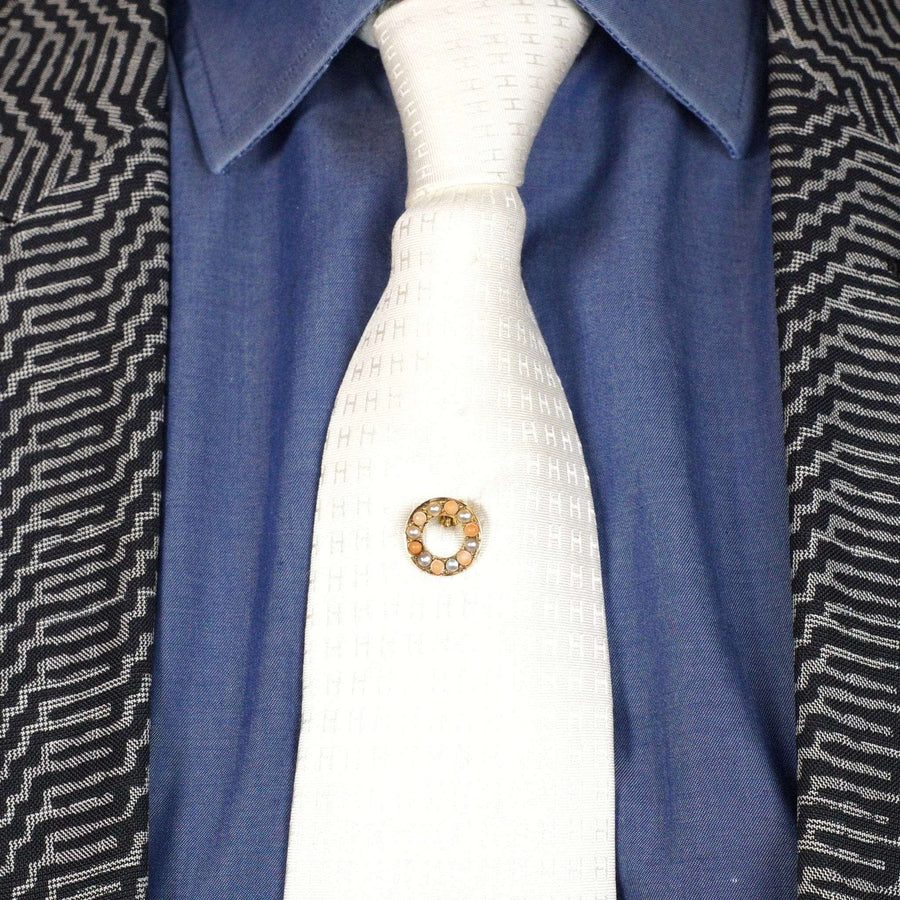 Victorian 18ct Gold, Coral & Natural Split Pearl Round Racing Finishing Post Tie Pin | Parkin and Gerrish (UK)