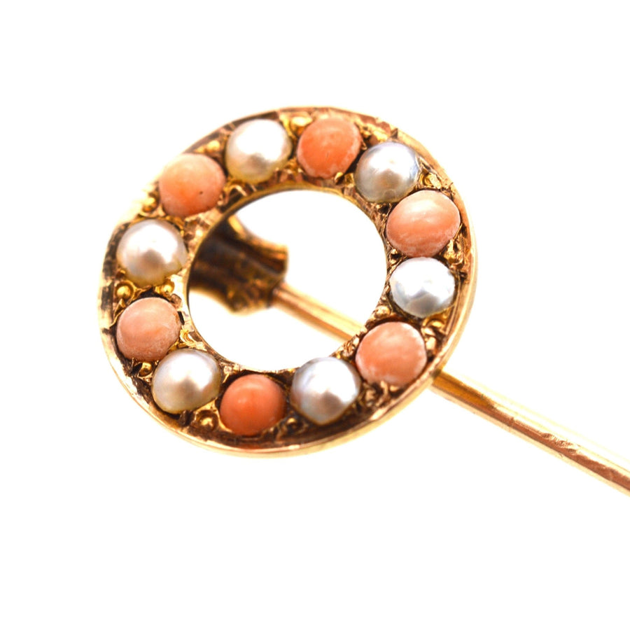 Victorian 18ct Gold, Coral & Natural Split Pearl Round Racing Finishing Post Tie Pin | Parkin and Gerrish (UK)