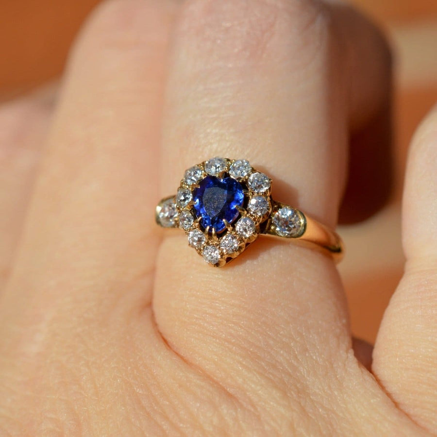 Victorian 18ct Gold Heart Shaped Sapphire and Diamond Cluster Ring | Parkin and Gerrish (UK)