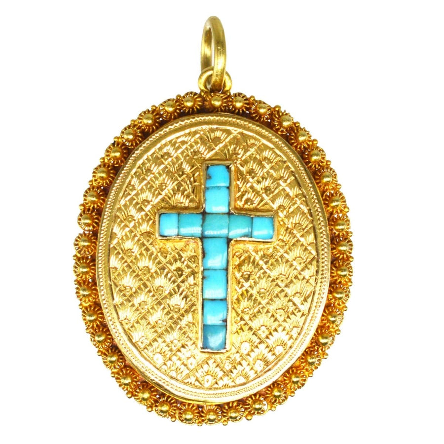 Victorian 18ct Gold Locket with Turquoise Cross in Original Case