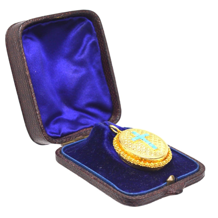 Victorian 18ct Gold Locket with Turquoise Cross in Original Case
