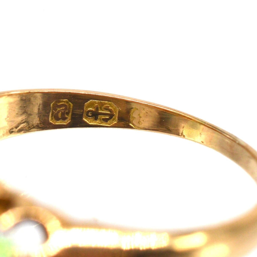 Hallmark details of the Victorian 18ct gold opal and diamond ring, showcasing craftsmanship from Birmingham 1875.