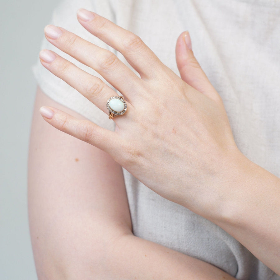Victorian 18ct gold opal and rose diamond cluster ring displayed on a woman's hand.