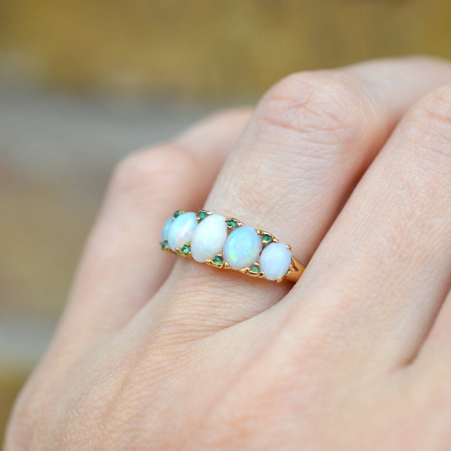 Victorian 18ct Gold, Opal & Emerald Carved Half Hoop Ring