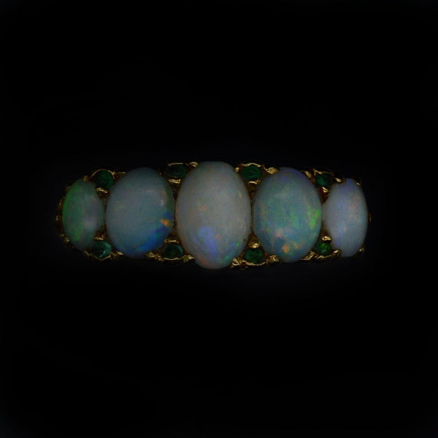 Victorian 18ct Gold, Opal & Emerald Carved Half Hoop Ring