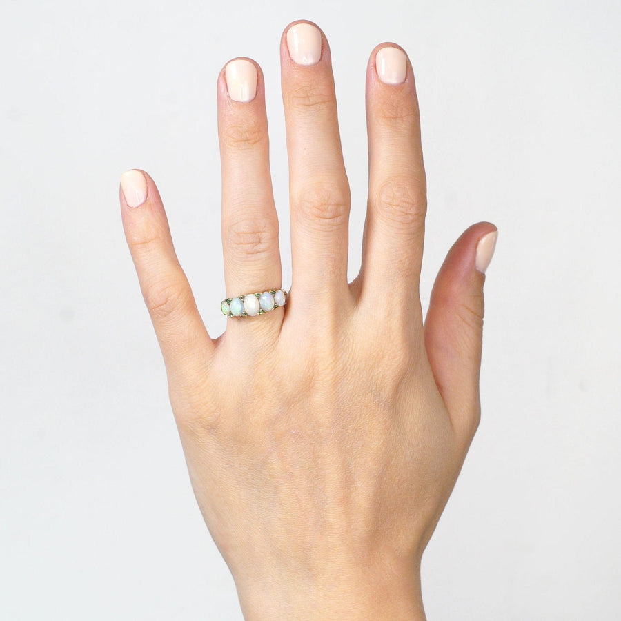 Victorian 18ct Gold, Opal & Emerald Carved Half Hoop Ring