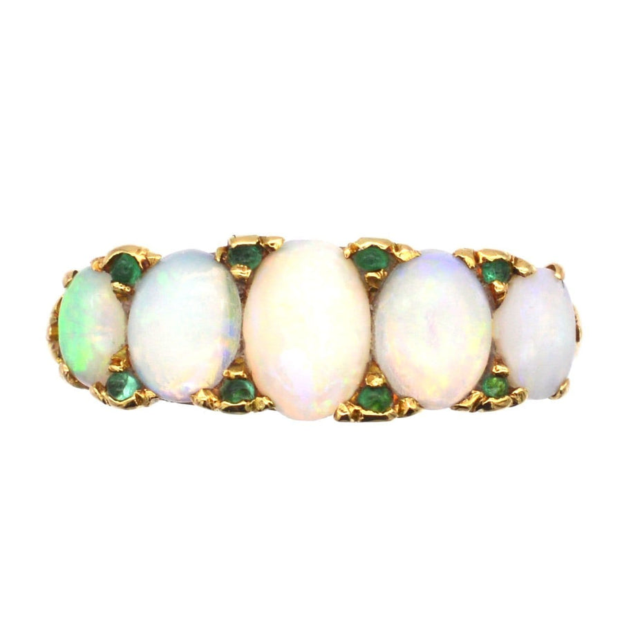 Victorian 18ct Gold, Opal & Emerald Carved Half Hoop Ring