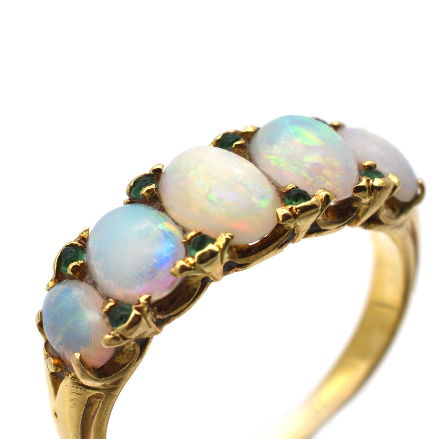 Victorian 18ct Gold, Opal & Emerald Carved Half Hoop Ring