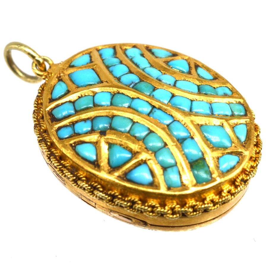 Victorian 18ct gold pavé locket adorned with turquoise, featuring intricate gold design details.
