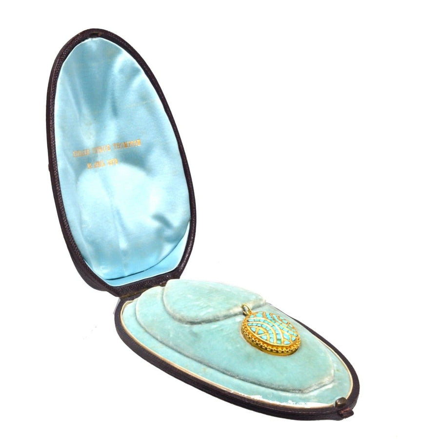 Victorian 18ct gold and turquoise pavé locket in original case with blue satin lining.