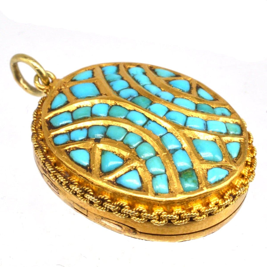 Victorian 18ct gold and turquoise pavé locket, oval shaped, intricate design with original case.