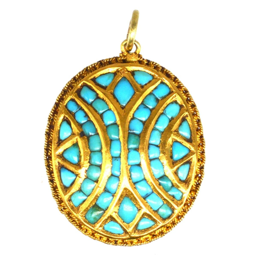 Victorian 18ct gold pavé locket featuring turquoise stones in an oval design, suitable for commemorative occasions.